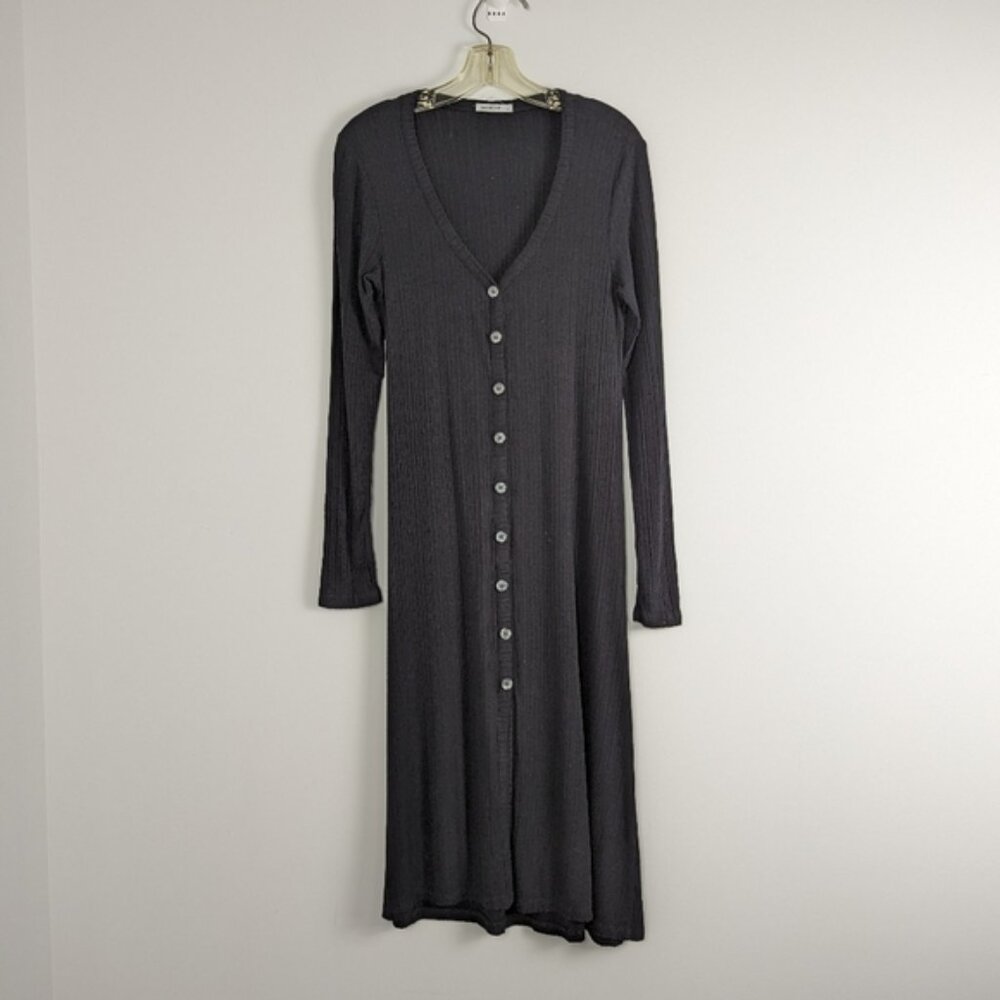 Women's Charcoal Ribbed Knit Dress with Button Details M